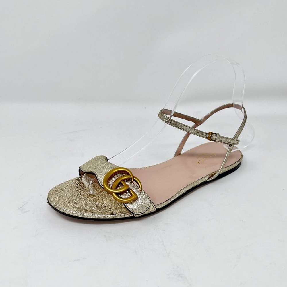 Gucci Marmont GG Logo Flat Gold Ankle Strap Sandal